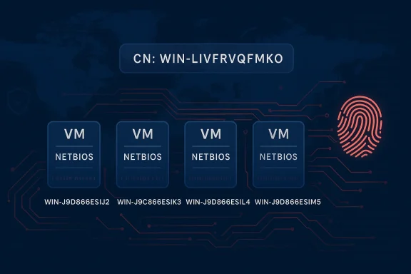 Cybersecurity concept art showing four NETBIOS VMs linked by circuits, with a fingerprint on the right.