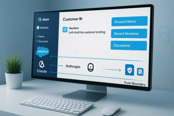 Slack-based dashboard showing a customer briefing flow to Anthropic's Claude across a trust boundary.