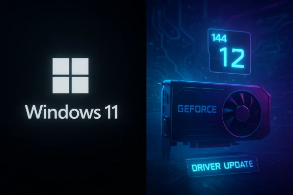 Windows 11 branding on the left and a GeForce GPU with a driver update on the right.