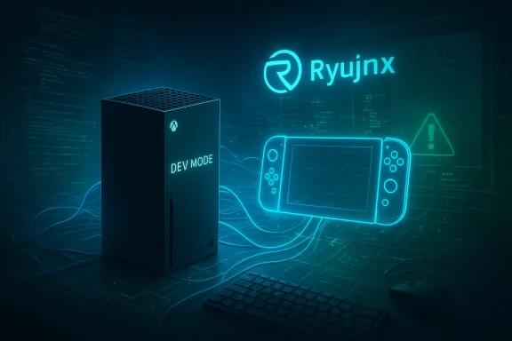 Xbox Series X in DEV MODE beside a neon-outlined Nintendo Switch, under Ryujinx branding. Xbox Series X in DEV MODE beside a neon-outlined Nintendo Switch, under Ryujinx branding.