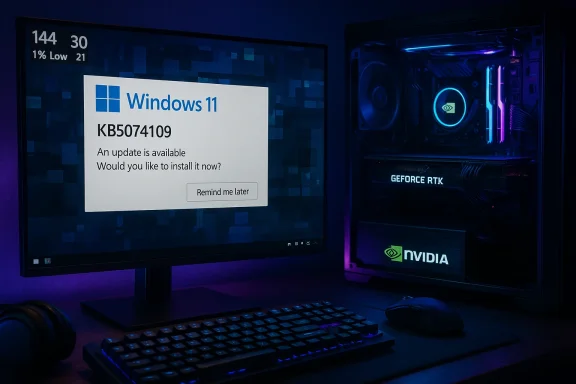 Windows 11 update prompt on a gaming PC with blue RGB lighting and NVIDIA GeForce RTX.