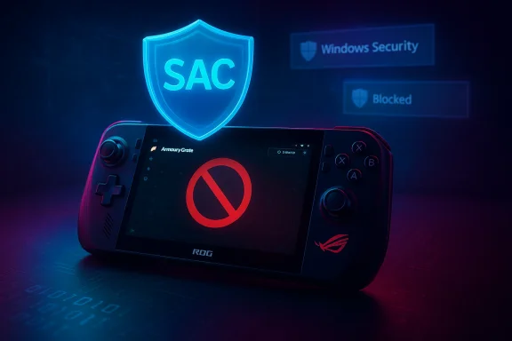 A handheld gaming console glows under a blue SAC shield, with a red 'blocked' symbol on its screen. A handheld gaming console glows under a blue SAC shield, with a red 'blocked' symbol on its screen.