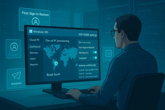 IT professional configuring Windows 365 Cloud PC on a large monitor.