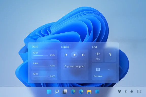Blue translucent system widget showing CPU, RAM, and GPU stats on a soft blue background.