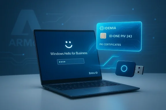 Blue-toned laptop screen shows Windows Hello for Business while a floating IDEMIA PKI security token hovers nearby.