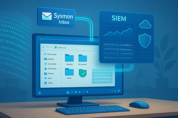 Blue-toned computer monitor displays Sysmon Inbox and SIEM dashboards.