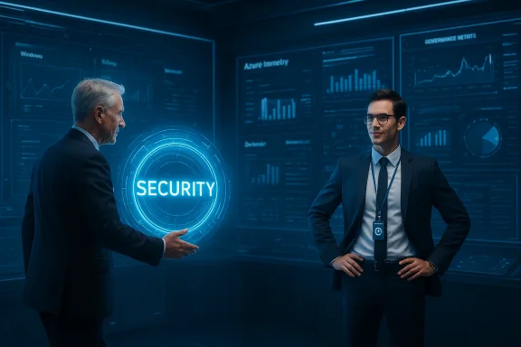 Two suited professionals in a high-tech control room discuss security beside a glowing 'SECURITY' hologram. Two suited professionals in a high-tech control room discuss security beside a glowing 'SECURITY' hologram.