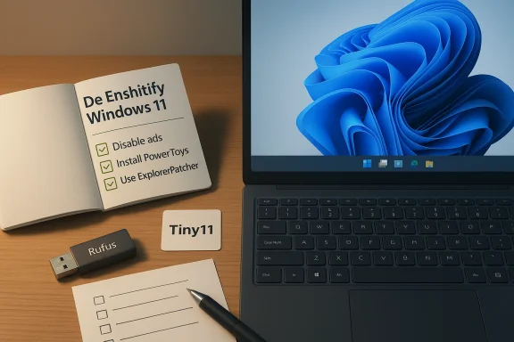 Laptop with a notebook listing Windows 11 tweaks, plus a Rufus USB drive and Tiny11 card.