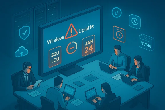 IT professionals review a Windows Update alert on a large screen in a data center.
