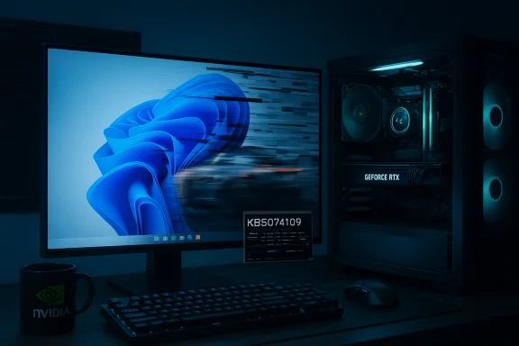Blue-lit gaming desk with a large monitor, RTX PC tower, keyboard, mouse, and Nvidia mug.