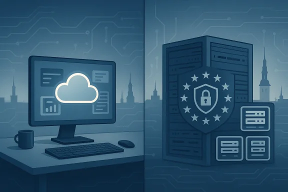 Split-screen illustration of cloud computing on the left and a secure data server on the right.