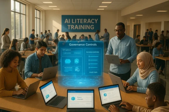 Diverse students collaborate around a table in an AI literacy training, with a holographic Governance Controls display.