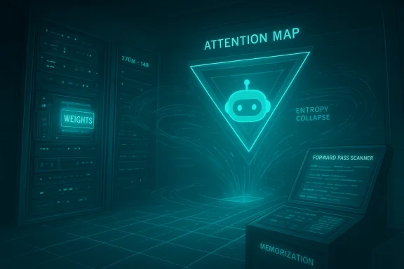 A neon-teal data center with server racks, an “Attention Map” hologram, and a robot icon.