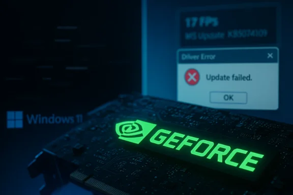 Glowing GeForce logo on a GPU with a Windows 11 backdrop and a driver update error.