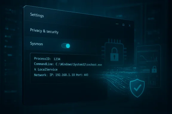 Dark settings panel displaying Privacy & security, a Sysmon toggle, and process details.