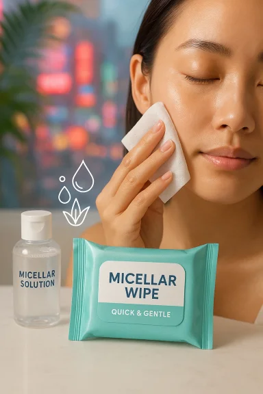 A woman gently cleanses her face using a micellar wipe.