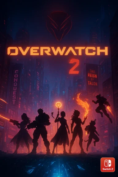 Overwatch 2 promo art with a neon cityscape and silhouetted heroes bathed in orange glow.