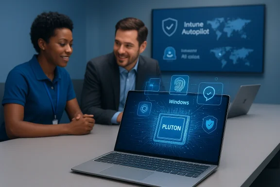 Two professionals discuss a futuristic laptop display showing PLUTON, Windows, and security icons.