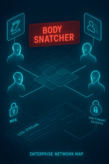 Neon enterprise network map with a central red 'BODY SNATCHER' sign and glowing figures.