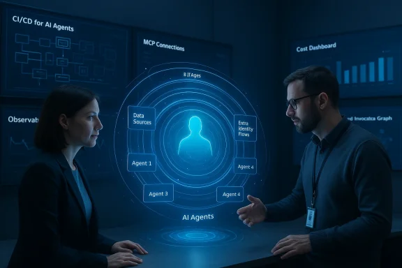 Two professionals review a holographic AI agents diagram and data flows.