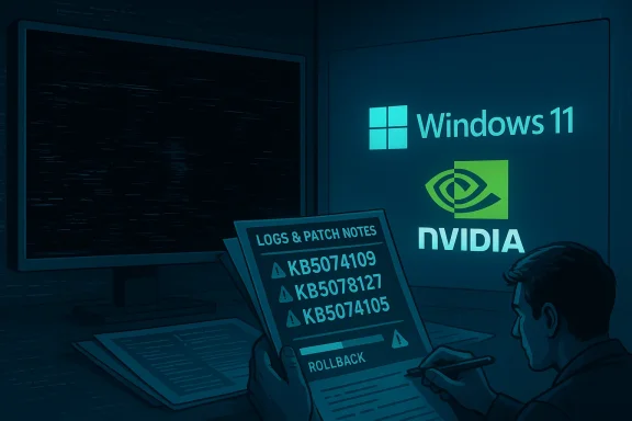 A technician reviews Windows 11 and NVIDIA patch notes with rollback warning.