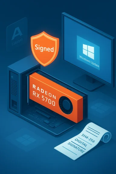Radeon RX 5700 graphics card inside a PC, with a 'Signed' shield and Windows Update on screen.