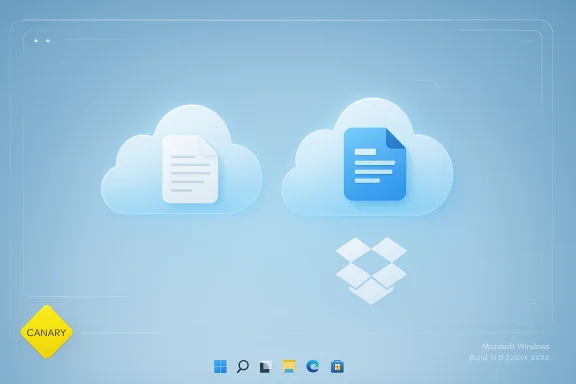 Two cloud icons display documents with a Dropbox logo on a blue Windows wallpaper.
