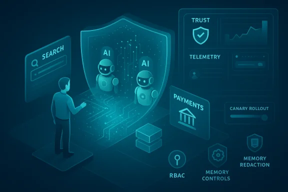 A person faces a glowing shield housing AI robots amid security dashboards.