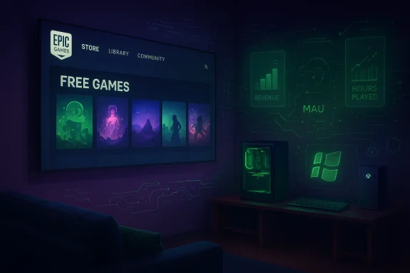 Neon-lit gaming room with Epic Games Free Games on a large screen and a glowing PC setup.