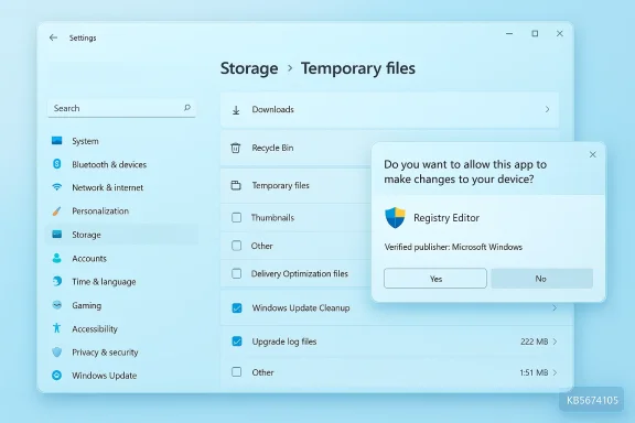 Blue Windows Settings window showing Storage > Temporary files and a Registry Editor permission prompt. Blue Windows Settings window showing Storage > Temporary files and a Registry Editor permission prompt.
