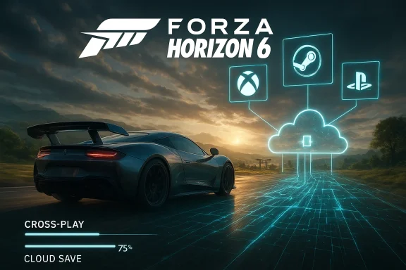 Forza Horizon 6 promo: neon cloud links Xbox, Steam, and PlayStation to a sleek blue supercar.