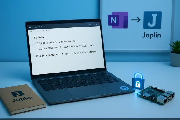 Laptop screen shows Markdown notes; a Notion-to-Joplin sign, a Joplin notebook, and a blue security lock nearby.