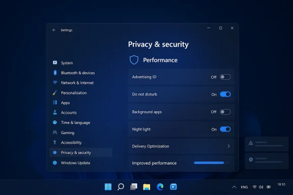 Windows 11 Settings: Privacy & security panel showing Performance options with toggle switches.