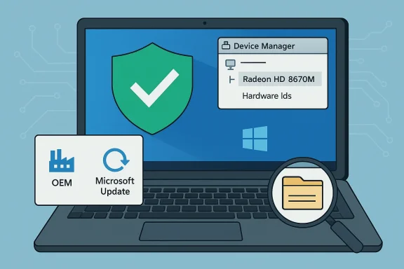 Laptop screen shows a security shield, Device Manager panel, and OEM/Windows driver updates.