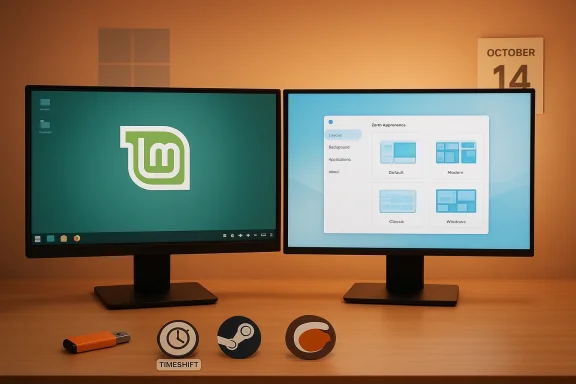 Two-monitor Linux Mint desktop on a wooden desk, Mint logo on left and system settings on the right.