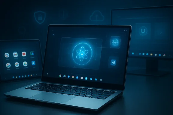 A sleek laptop displays a blue AI holographic interface with a glowing atom icon.