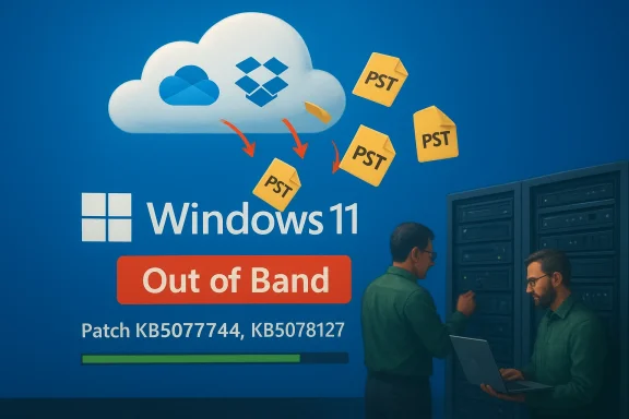 Windows 11 Out-of-Band patch rollout for PST files, shown with cloud icons and IT staff at servers.