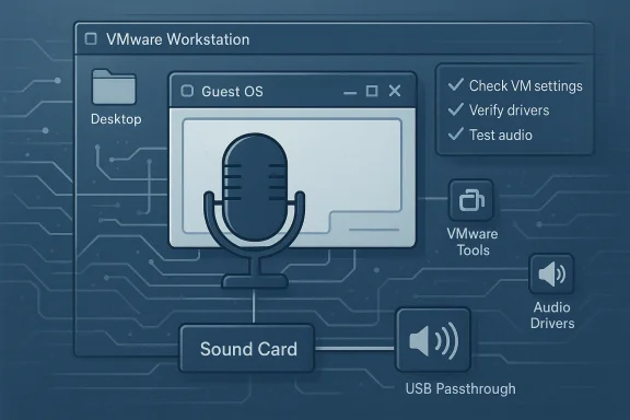 Blue schematic of VMware Workstation UI with a Guest OS window and audio/USB passthrough.