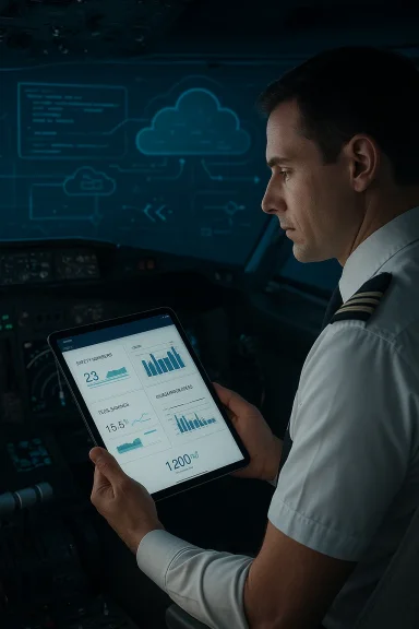 Pilot in cockpit reviews tablet dashboards with flight data.