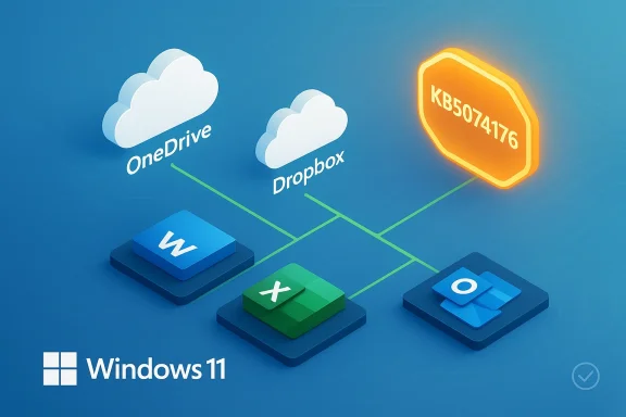 Windows 11 with OneDrive and Dropbox cloud storage options and a KB5074176 update.