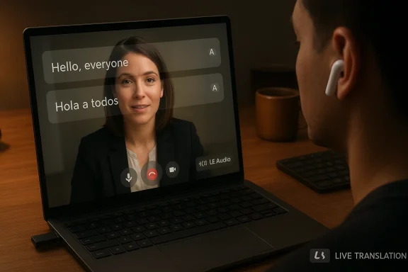 A person wearing wireless earbuds on a laptop video call with dual-language live translation subtitles. A person wearing wireless earbuds on a laptop video call with dual-language live translation subtitles.