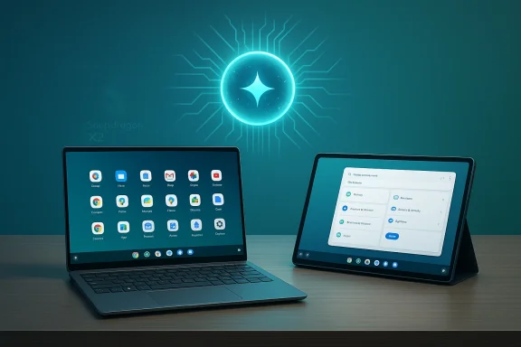 A laptop and a tablet sit on a desk beneath a glowing circuit orb.