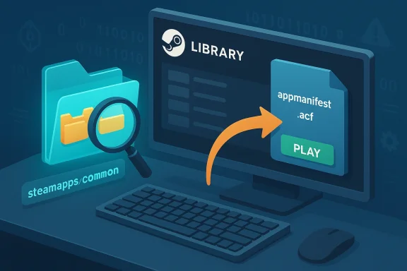 Steam library screen showing appmanifest.acf being launched from a folder.