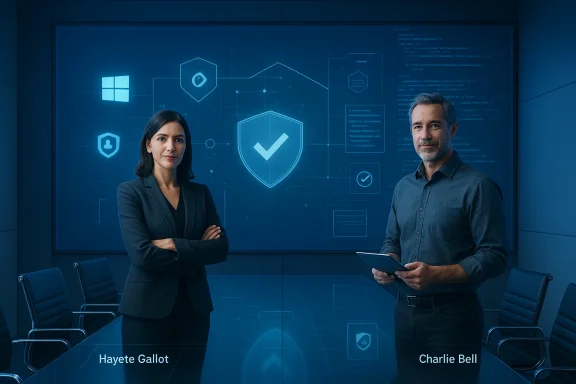 Two professionals in a modern conference room stand before a blue digital shield with a checkmark hologram.