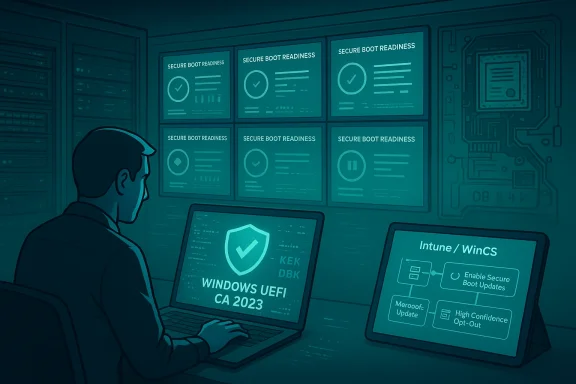 Technician monitors secure-boot readiness on multiple screens in a data-center control room.