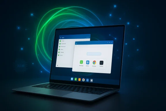 A modern laptop displaying overlapping app windows against a neon, tech-inspired backdrop.