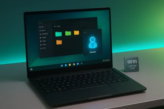 An ARM-based laptop on a gradient green backdrop, displaying a dark file manager and Gemini user card.