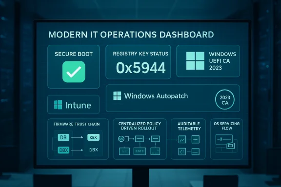 A futuristic IT operations dashboard showing secure boot, Windows status, and policy blocks.