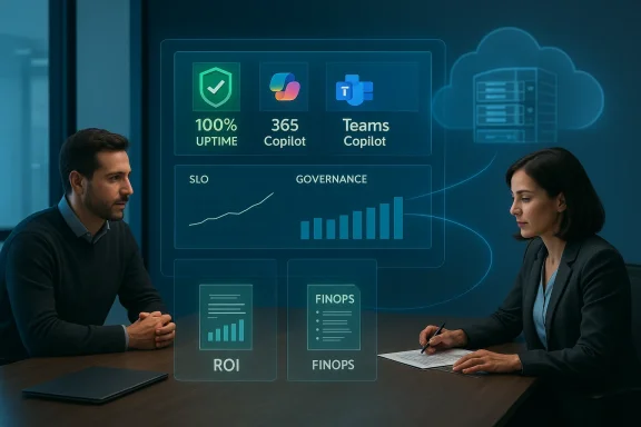 Two professionals discuss IT governance with holographic dashboards showing uptime, Copilot, SLO and ROI.