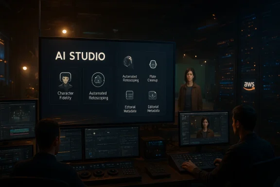 A dim control room featuring an AI Studio screen with automated video tools and character options.